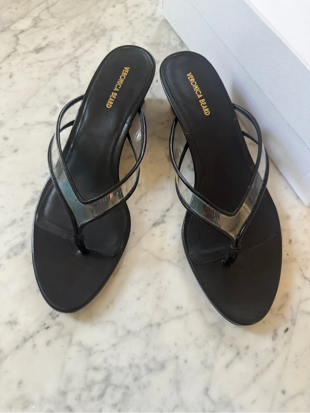 Veronica Beard clea jelly Black Leather and clear plastic Wedge Thong Sandals 10